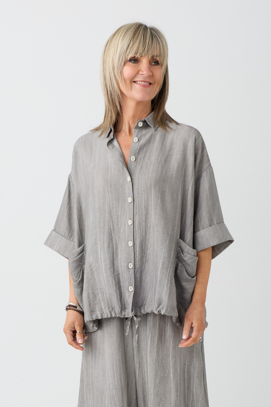 Ozai n Ku Taupe Crinkle Oversized Shirt