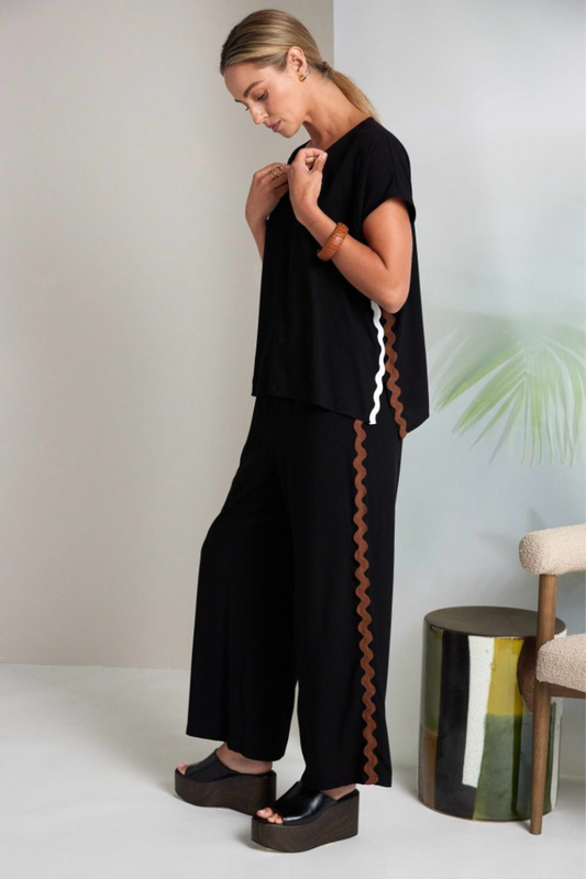 Naya Black/Choc Ribbon Trim Wide-Leg Trousers