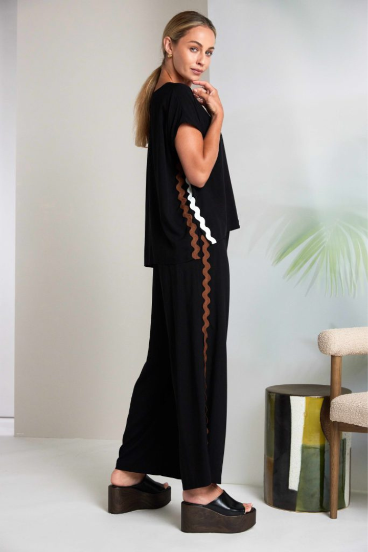 Naya Black/Choc Ribbon Trim Wide-Leg Trousers