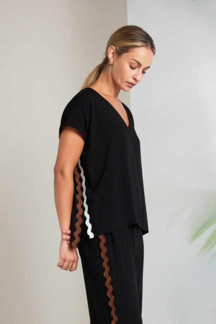 Naya Black/Choc Ribbon Trim V-Neck Top