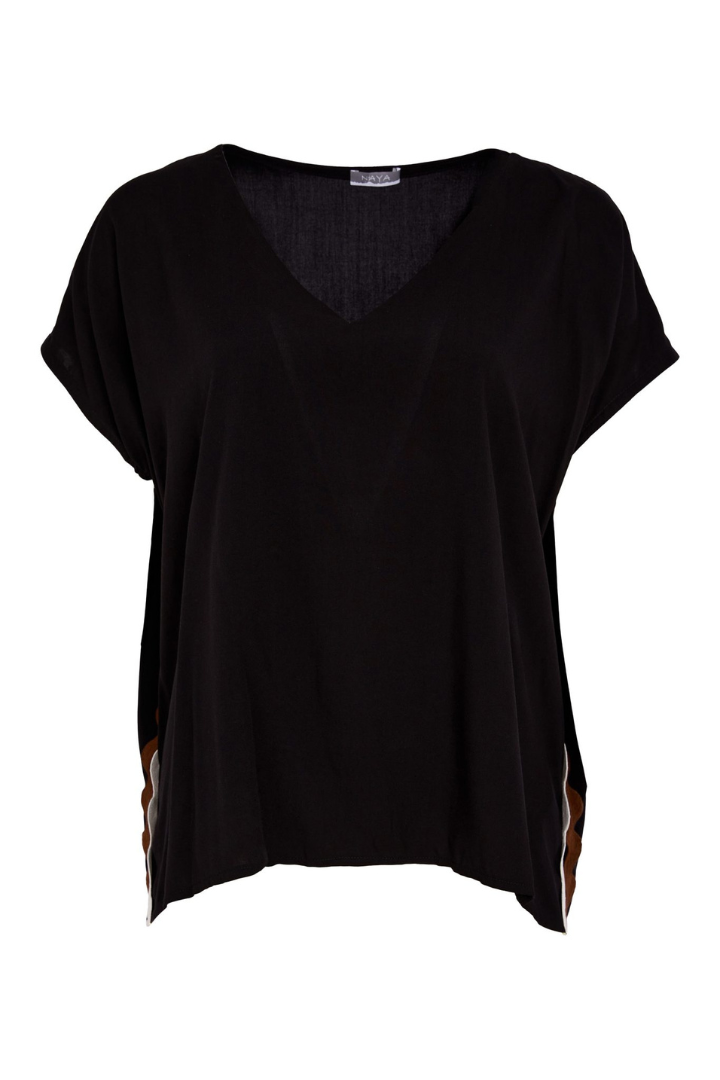 Naya Black/Choc Ribbon Trim V-Neck Top
