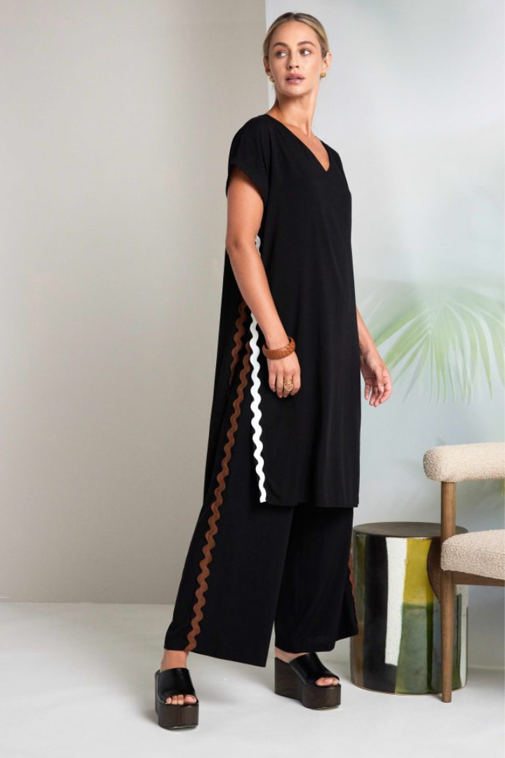 Naya Black/Choc Ribbon Trim Tunic Top