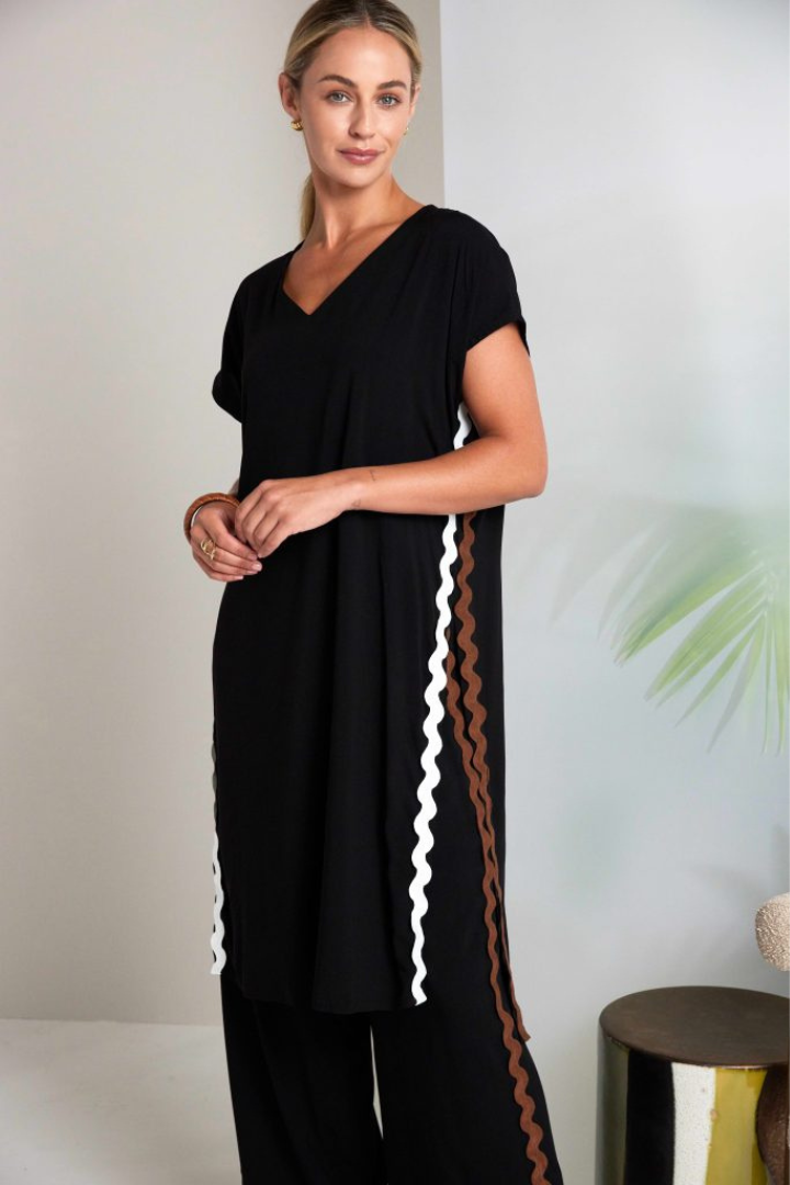 Naya Black/Choc Ribbon Trim Tunic Top