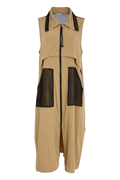 Naya Tan/Black Mesh Contrast Longline Waistcoat
