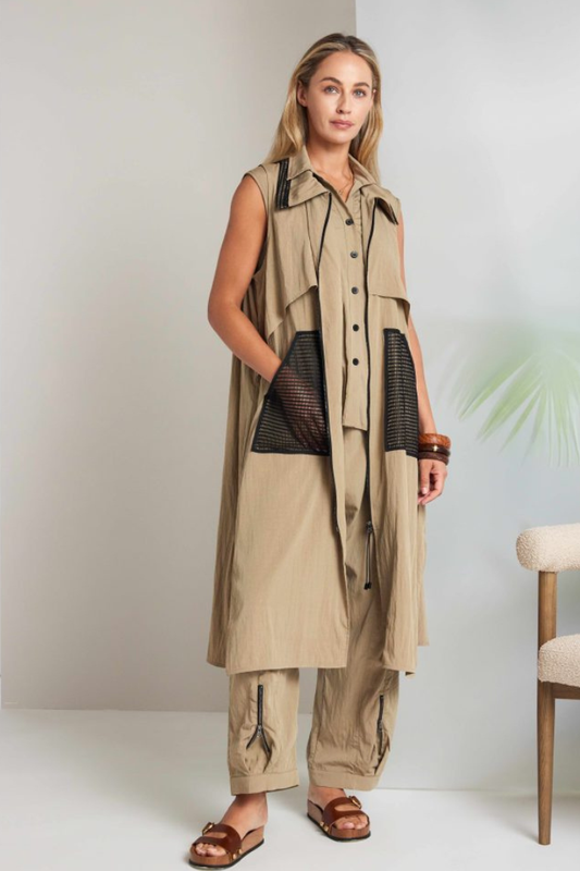 Naya Tan/Black Mesh Contrast Longline Waistcoat