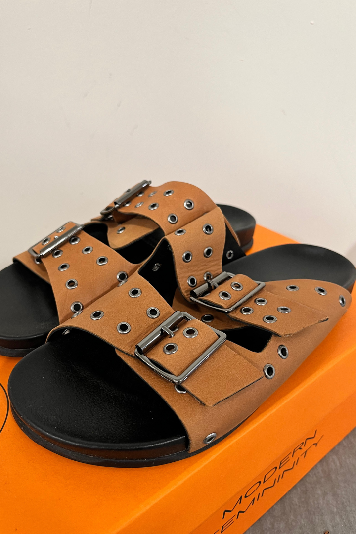 Shaddy Tan Double Strap Sandals with Buckles