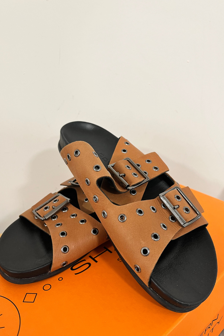 Shaddy Tan Double Strap Sandals with Buckles