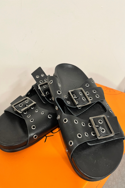 Shaddy Black Double Strap Sandals with Buckles