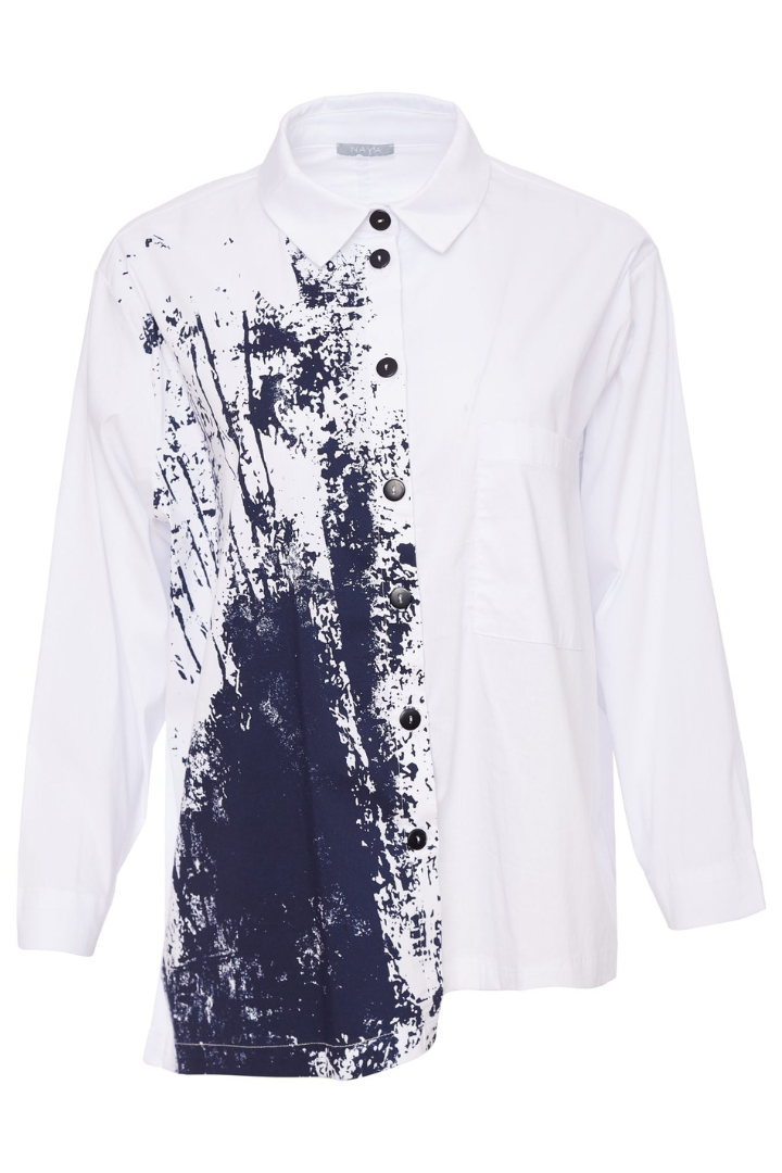 Naya White & Navy Shirt With Placement Print