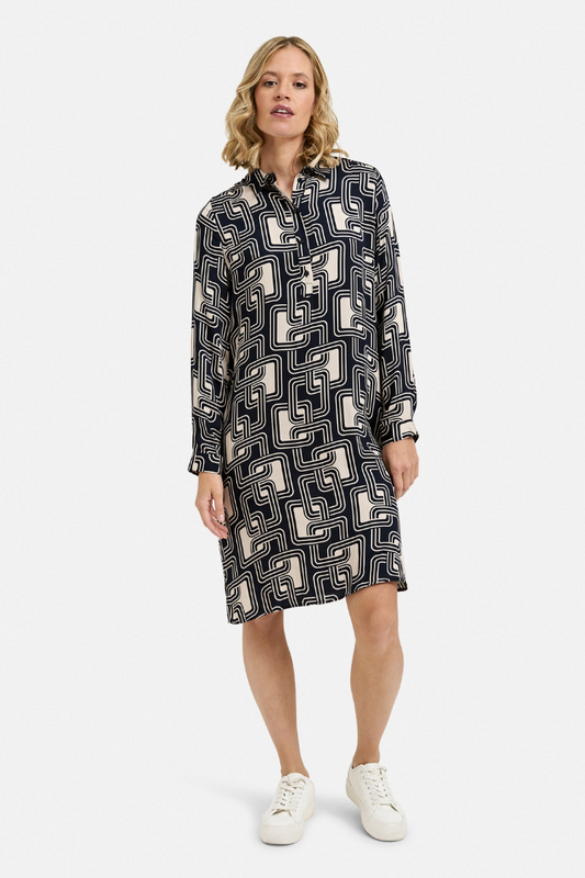 Milano Navy Print  Dress with Collar/Half Placket