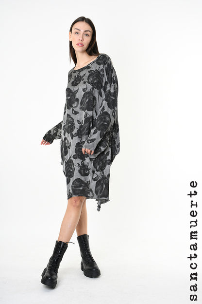 Sanctamuerte Grey Storm Rose Print Asymmetric Tunic