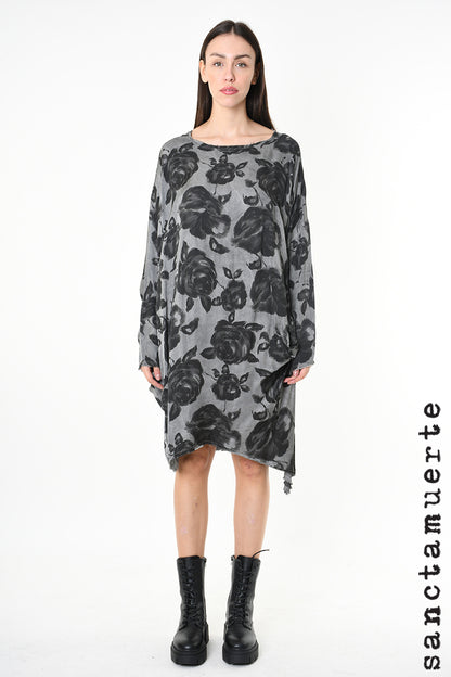 Sanctamuerte Grey Storm Rose Print Asymmetric Tunic